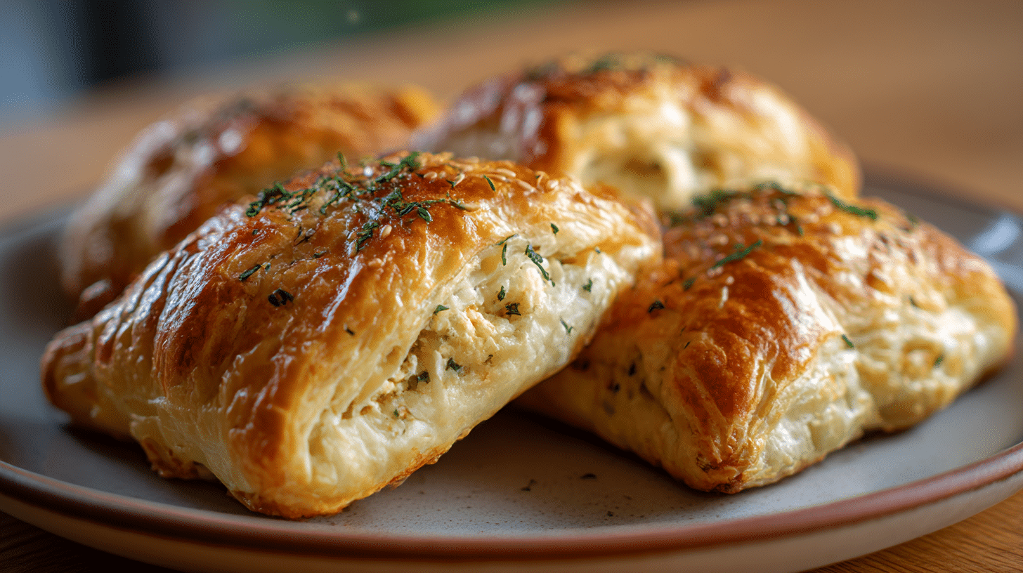 Scheibe Original Pogaca auf einem Teller mit frischen Kräutern garniert