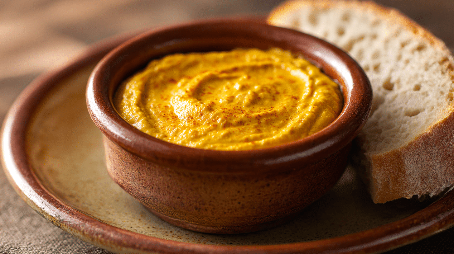 Detailansicht der cremigen Textur von originaler Sauce Rouille auf einem Löffel