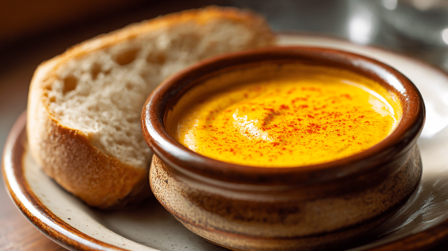 Original Sauce Rouille serviert mit frischem Baguette auf einem Holzbrett