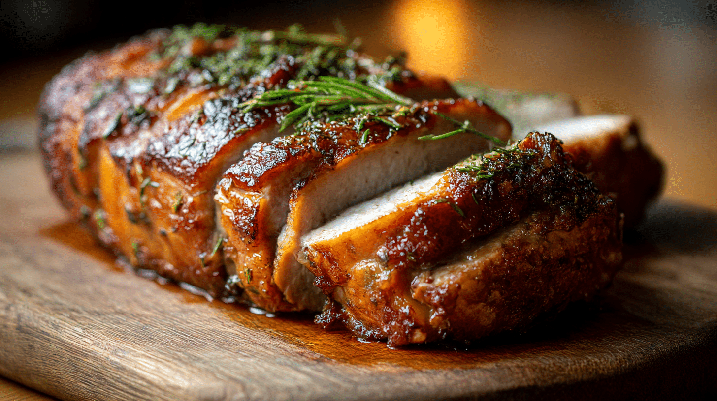 Angeschnittener Schmöllner Mutzbraten mit saftigem Inneren und Gewürzen