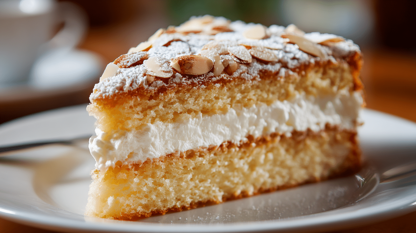 Angeschnittene originale schwedische Mandeltorte mit sichtbaren Mandeln