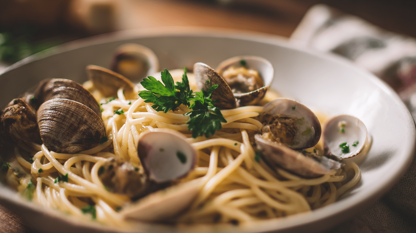 Spaghetti Vongole Original 1 Original Spaghetti Vongole serviert mit frischen Muscheln und Petersilie