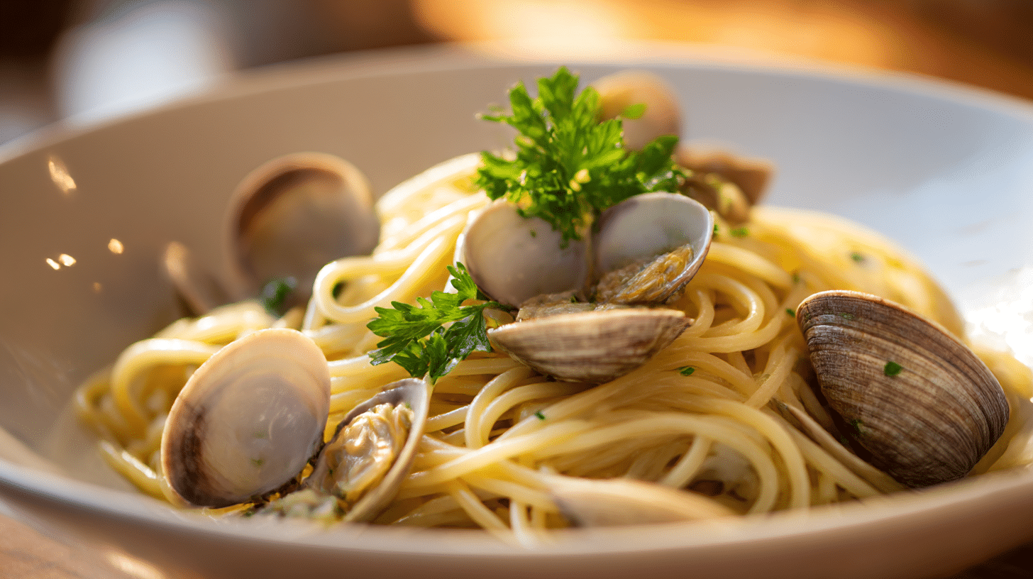 Original Spaghetti Vongole begleitet von einem Glas Weißwein