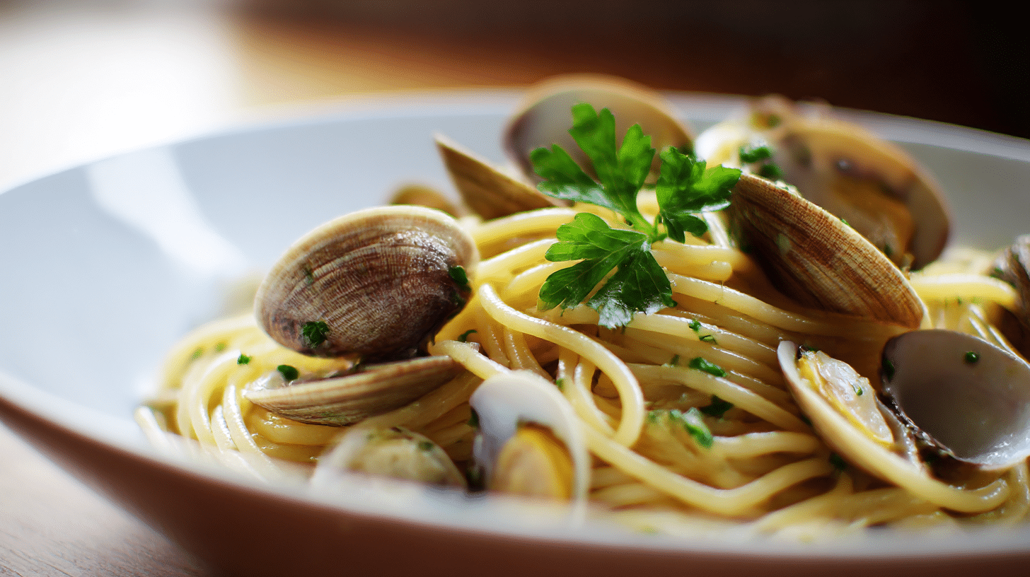 Nahaufnahme der original Spaghetti Vongole mit Olivenöl und Knoblauch