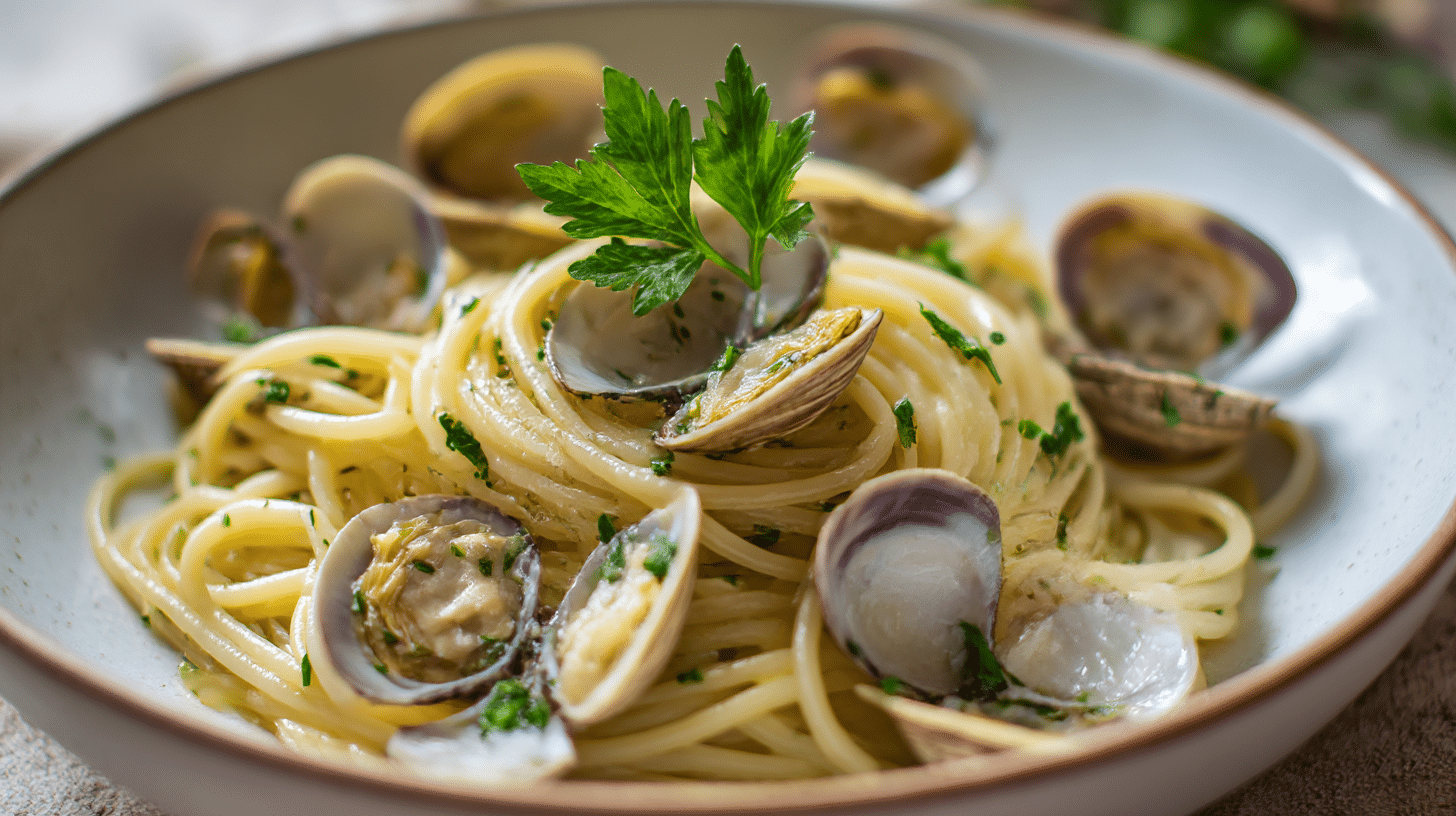 Original Spaghetti Vongole auf einem eleganten Teller dekoriert