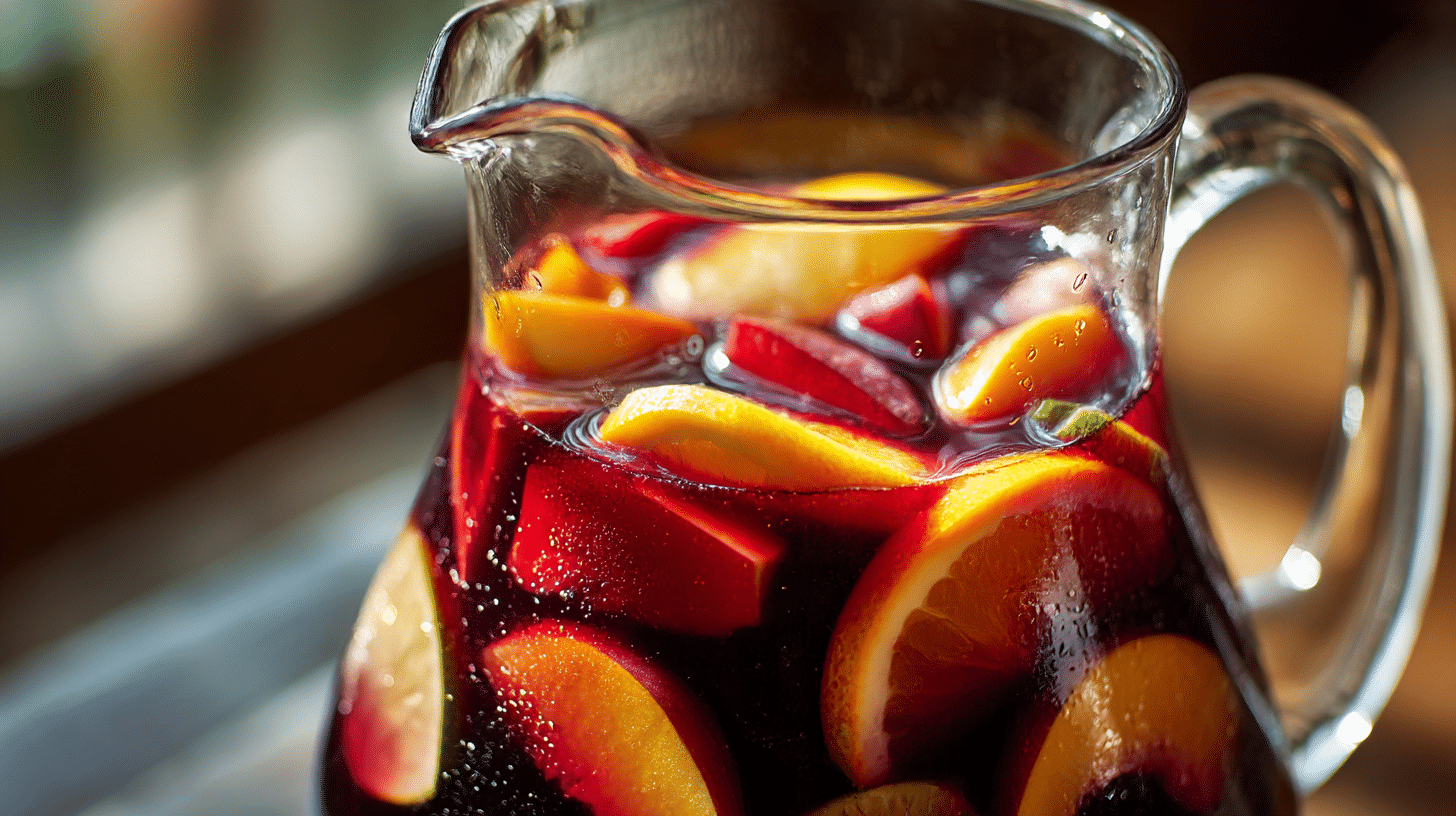 Sangria Original Spanisch 1 Original spanische Sangria in einem großen Krug mit frischen Früchten