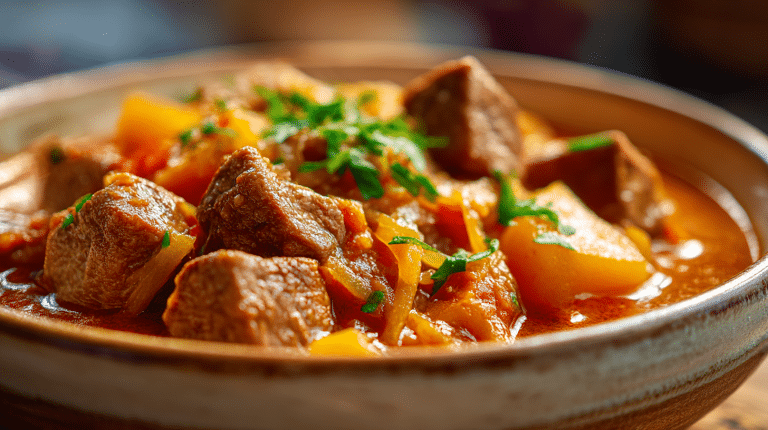 Szegediner Gulasch Original Rindfleisch 7 Original Szegediner Gulasch mit Rindfleisch in traditionellem Tontopf