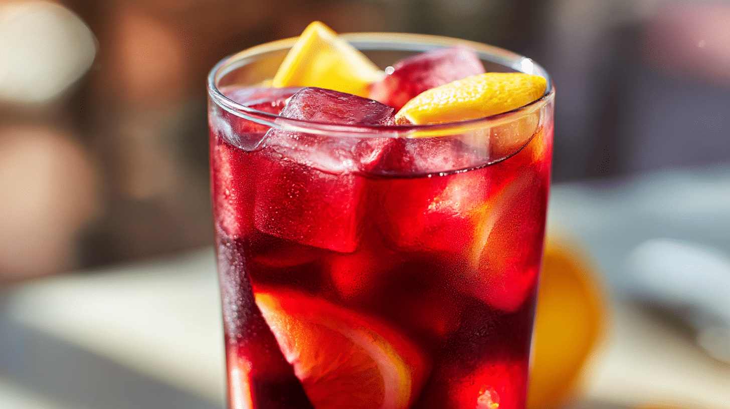 Tinto de verano 1 Vollglas original Tinto de Verano mit frischen Zitrusfrüchten im Hintergrund