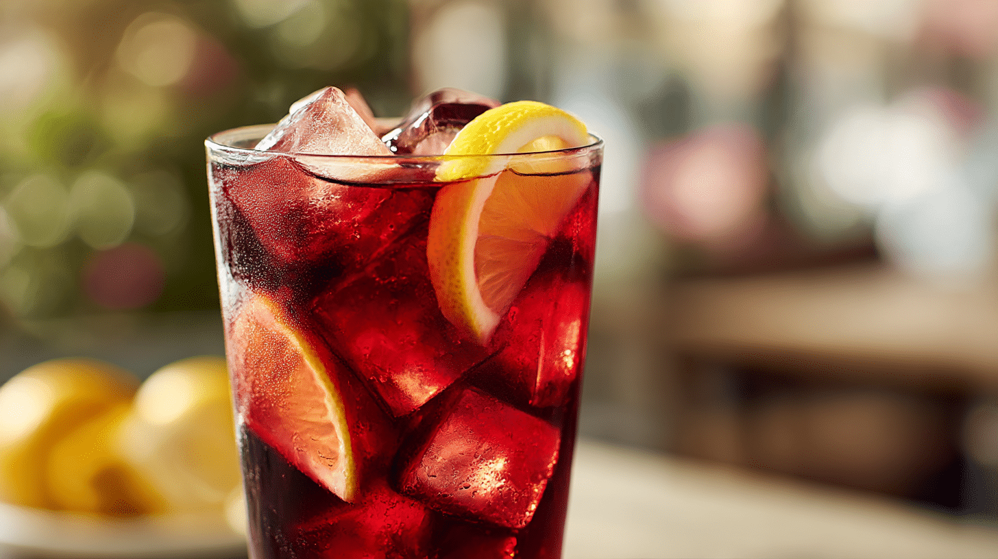 Nahaufnahme von originales Tinto de Verano mit sprudelnden Blasen und Zitrusfrüchten