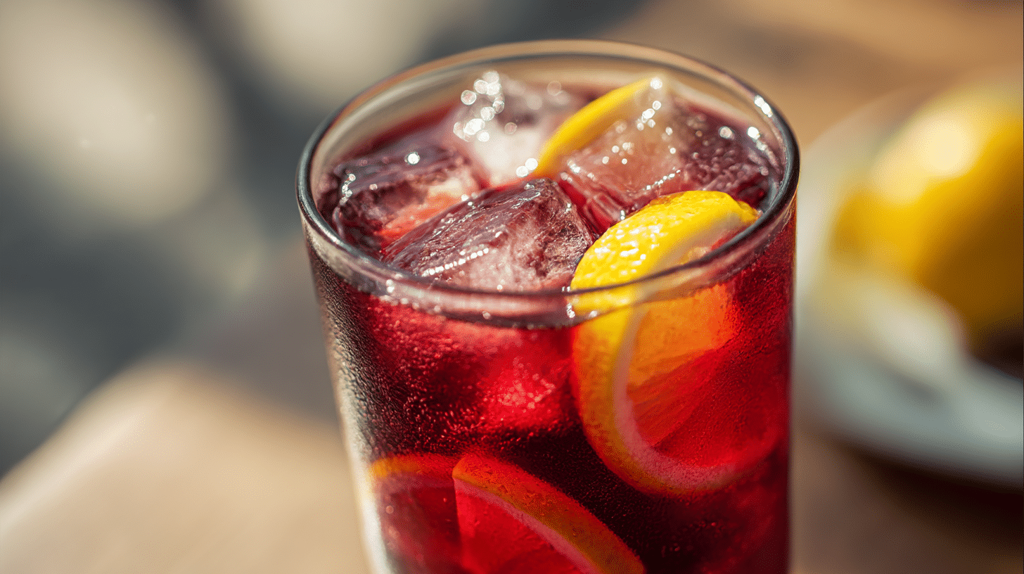 Zutaten für original Tinto de Verano auf einem Tisch, inklusive Rotwein und Sprite