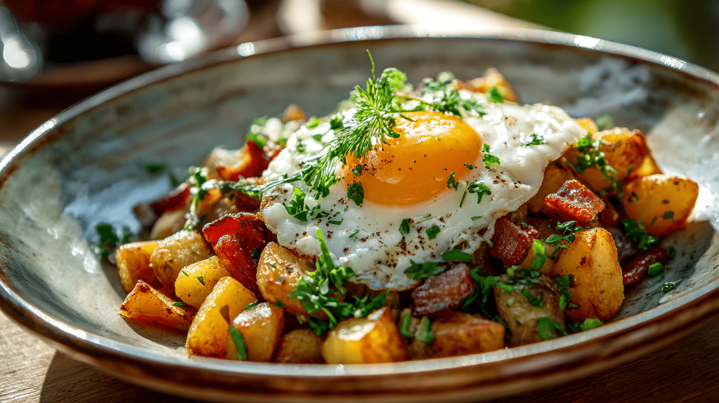 Anschnitt von original Tiroler Gröstl mit saftigem Fleisch und goldbraunen Kartoffeln