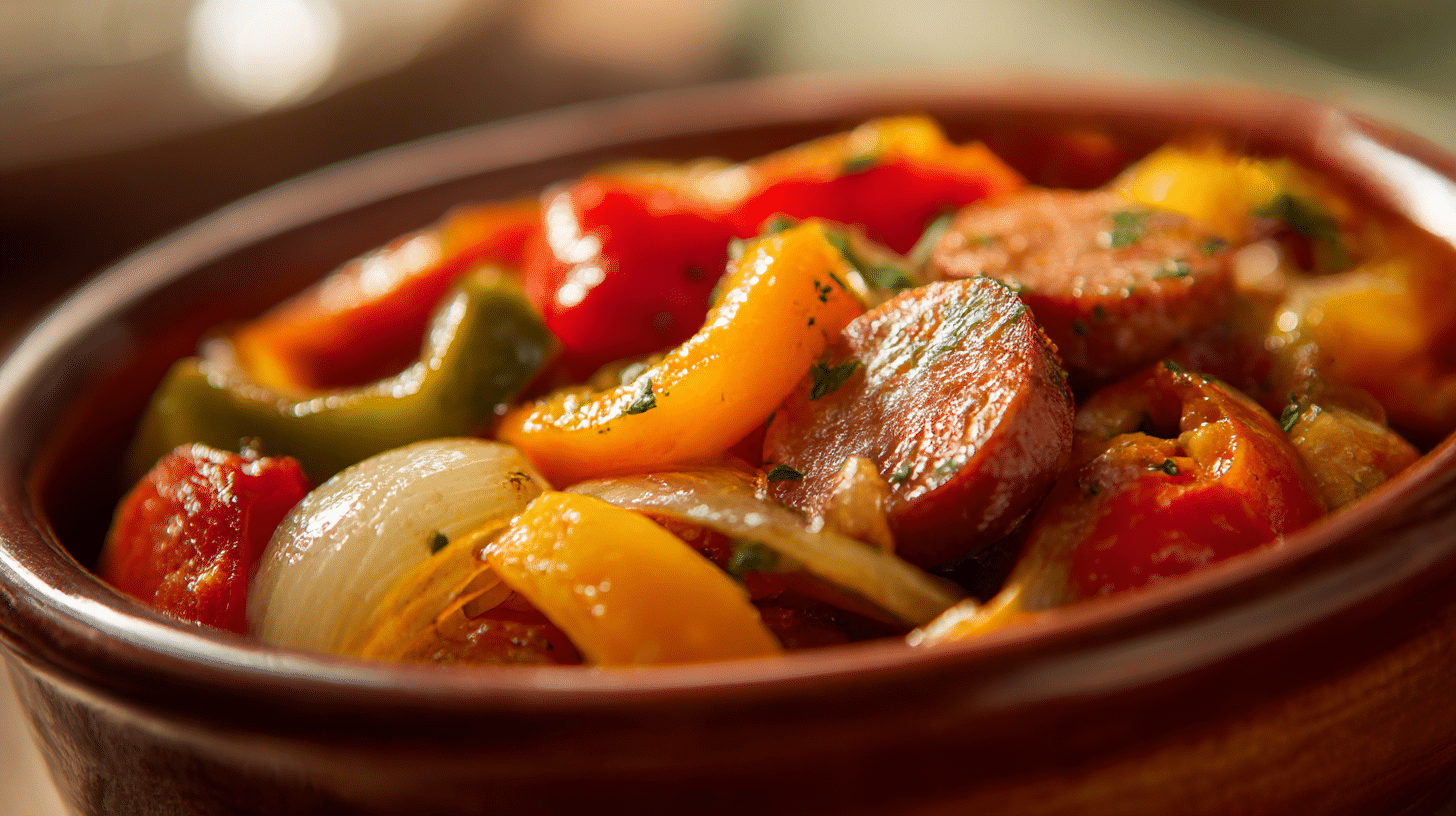 Detailaufnahme des aromatischen ungarischen Letschos mit Würstchen