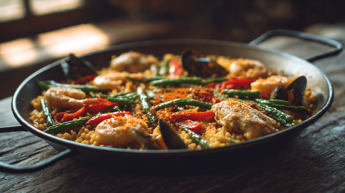 Nahaufnahme der original Paella mit Huhn und Meeresfrüchte, hübsch garniert