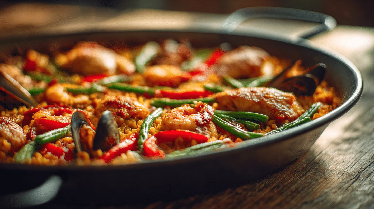 Paella original mit Huhn und Meeresfrüchte 1 Original Paella mit Huhn und Meeresfrüchte in großer, traditioneller Paellapfanne
