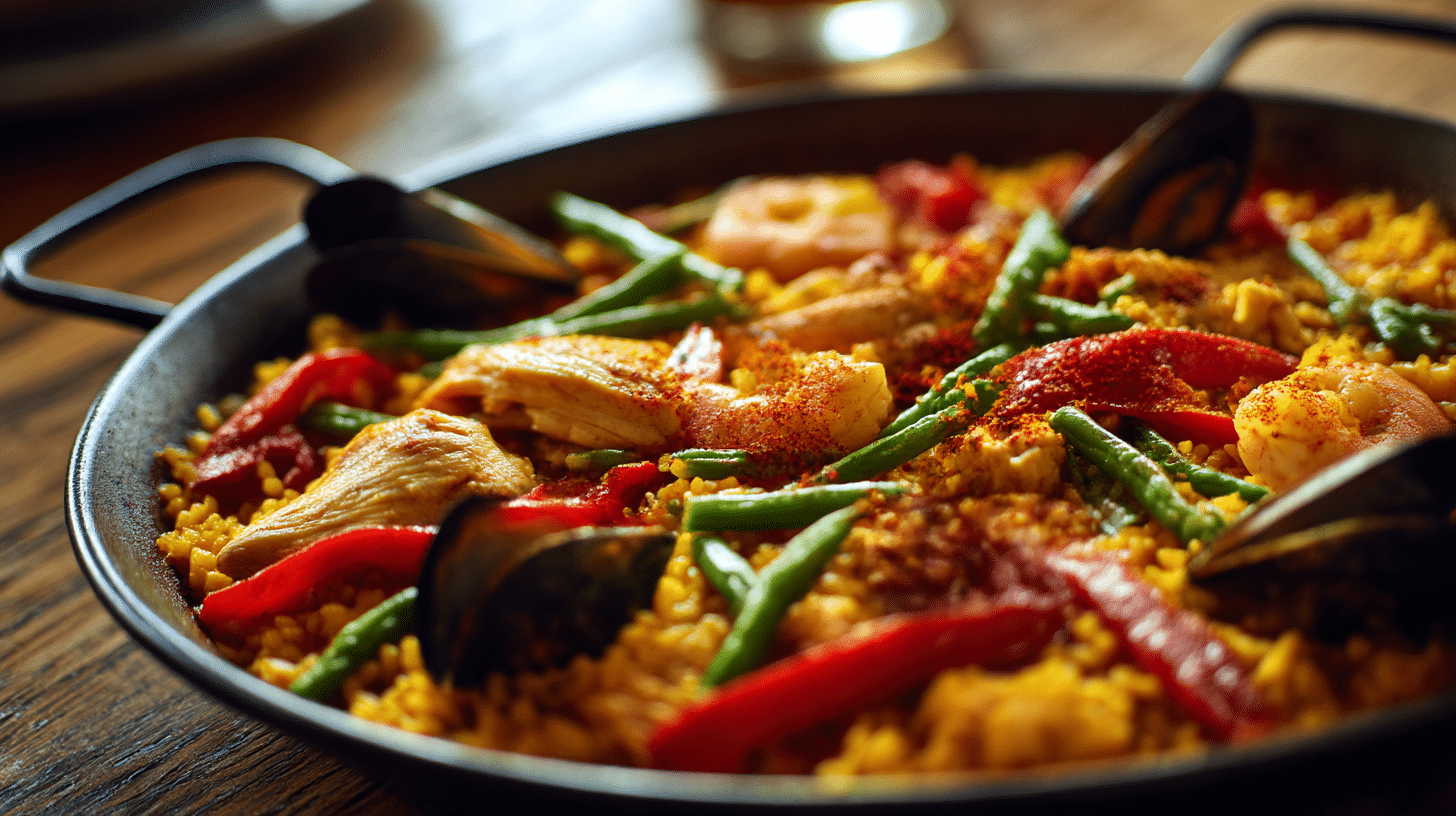 Einblick in die Zutaten der original Paella mit Huhn und Meeresfrüchte