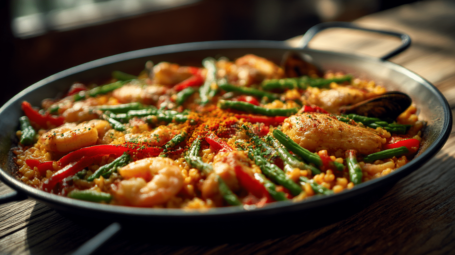 Servierte Portion original Paella mit Huhn und Meeresfrüchte auf Teller