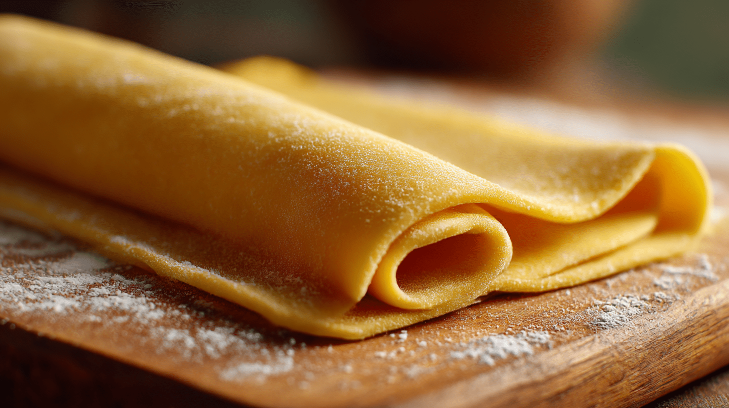 Pastateig Original Italienisch Semola 1 Pastateig original italienisch Semola auf der Holzfläche ausgebreitet, traditionell handwerklich zubereitet.