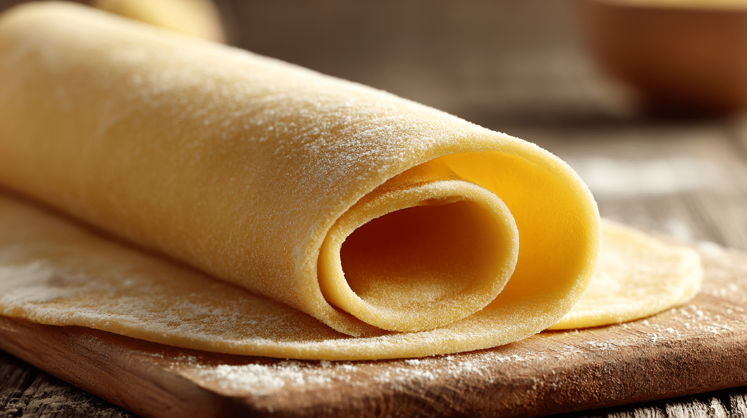 Rollen von Pastateig original italienisch Semola auf der Arbeitsfläche mit Nudelmaschine.