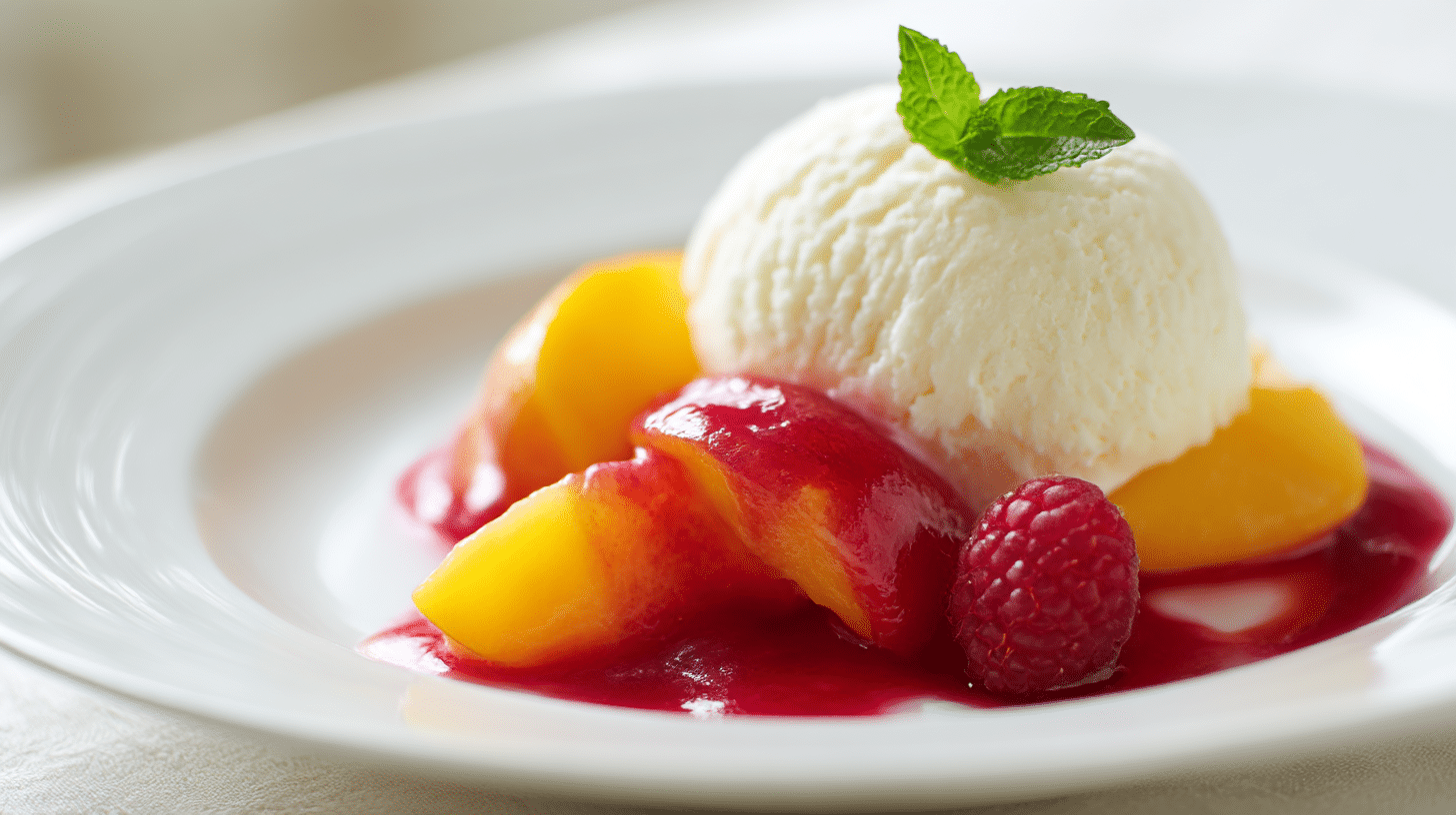 Original Pfirsich Melba mit einer kurvenreichen Himbeersauce auf dem Teller