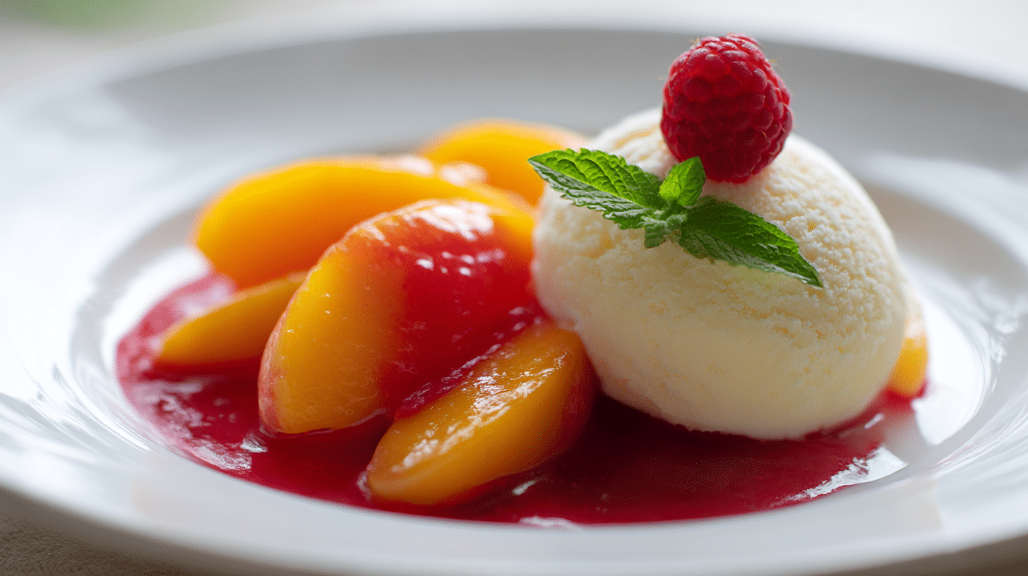 Nahaufnahme von original Pfirsich Melba mit schmelzendem Vanilleeis und frischen Himbeeren