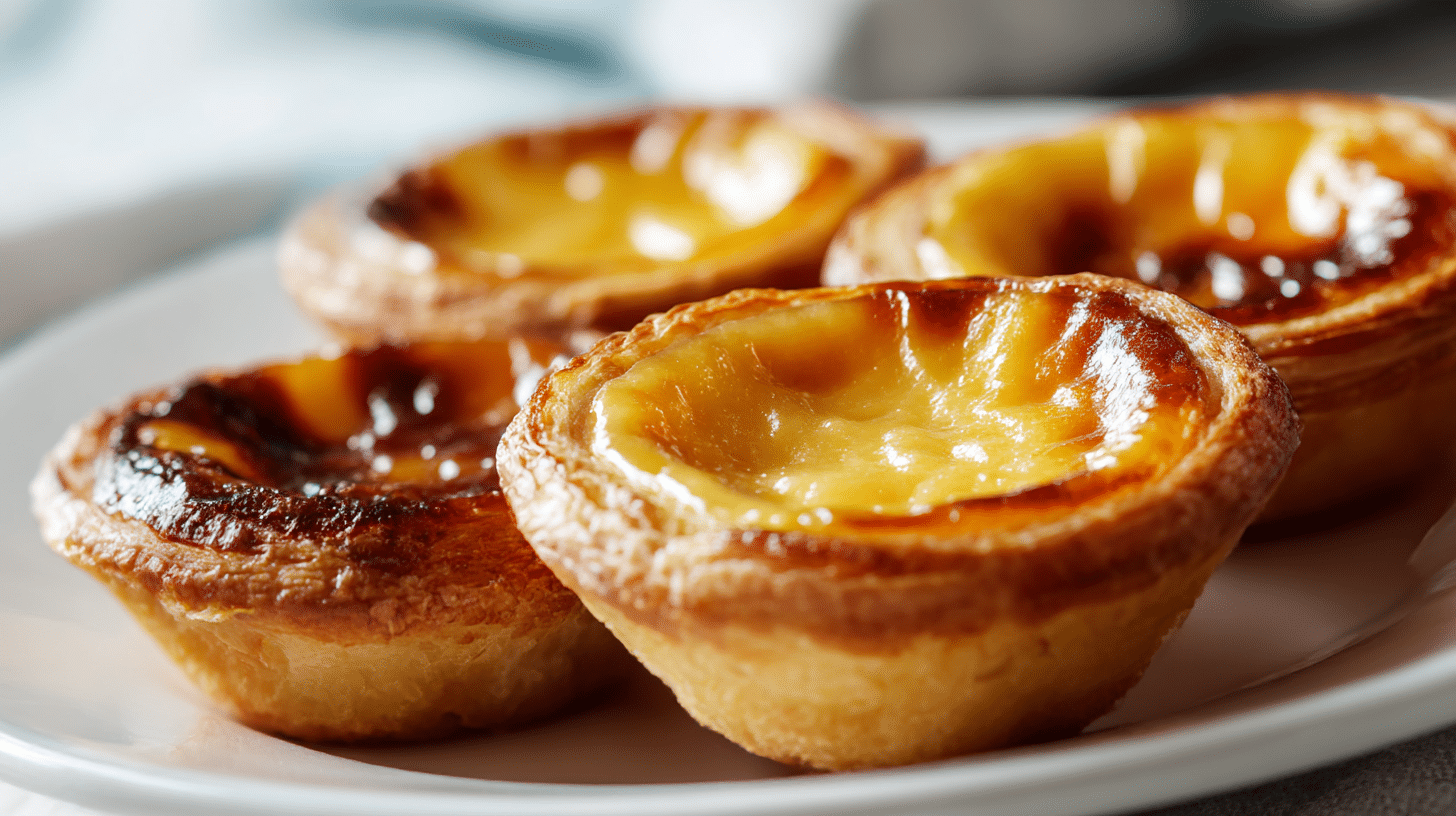 Nahaufnahme der obersten Schicht von portugiesischen Törtchen original, goldbraun gebacken