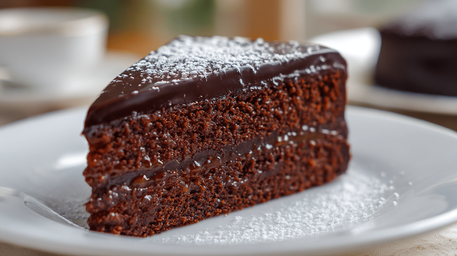 Anschnitt der original Sachertorte mit sichtbarer Schokoladenschicht