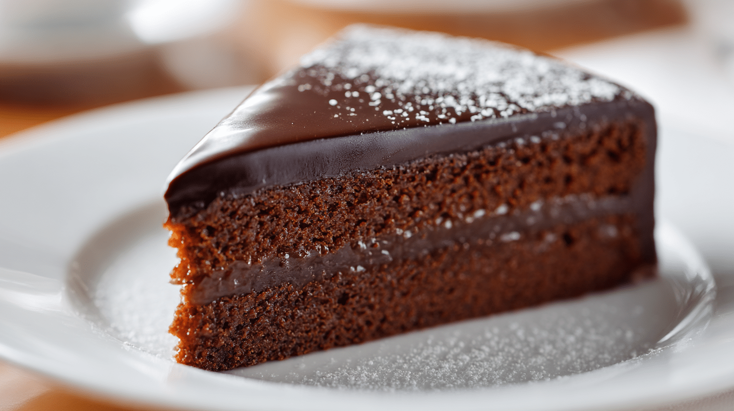 Nahaufnahme der glänzenden Schokoladenglasur der original Sachertorte