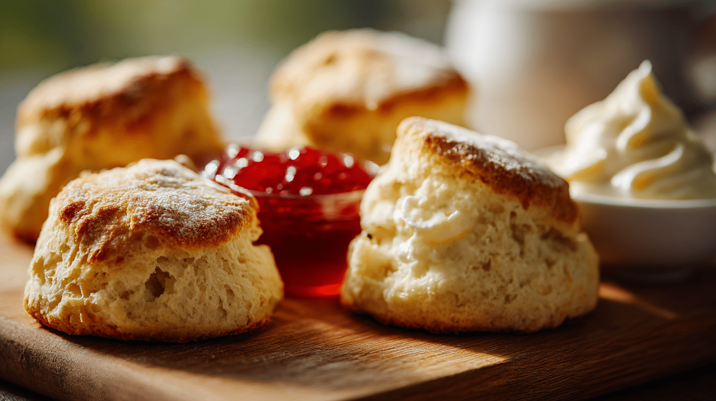 Irische Scones Original 1 Authentische irische Scones in einer wunderschönen Präsentation auf einem rustikalen Tisch