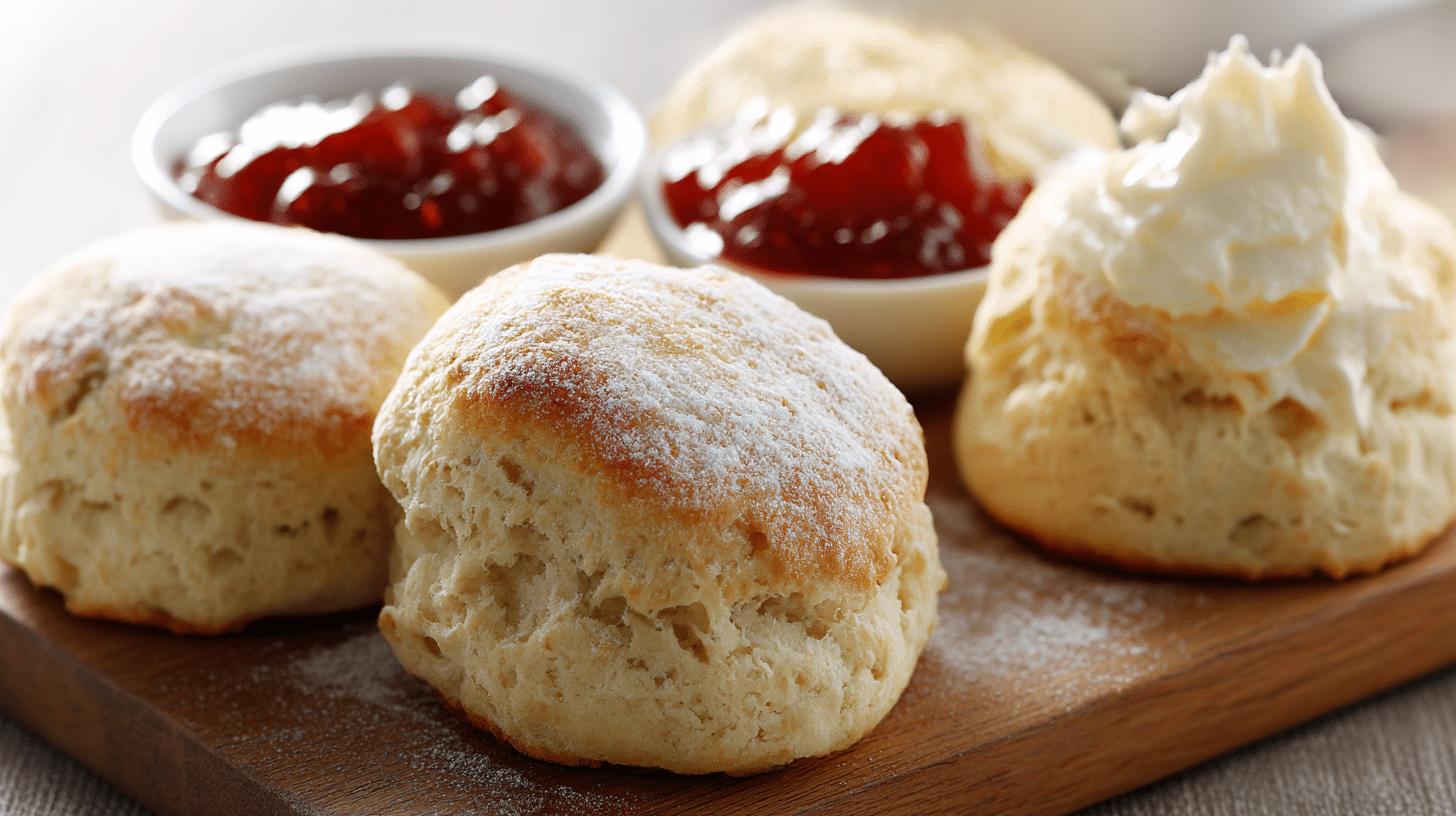 Authentische irische Scones auf einem schönen Servierteller mit einer Teekanne im Hintergrund