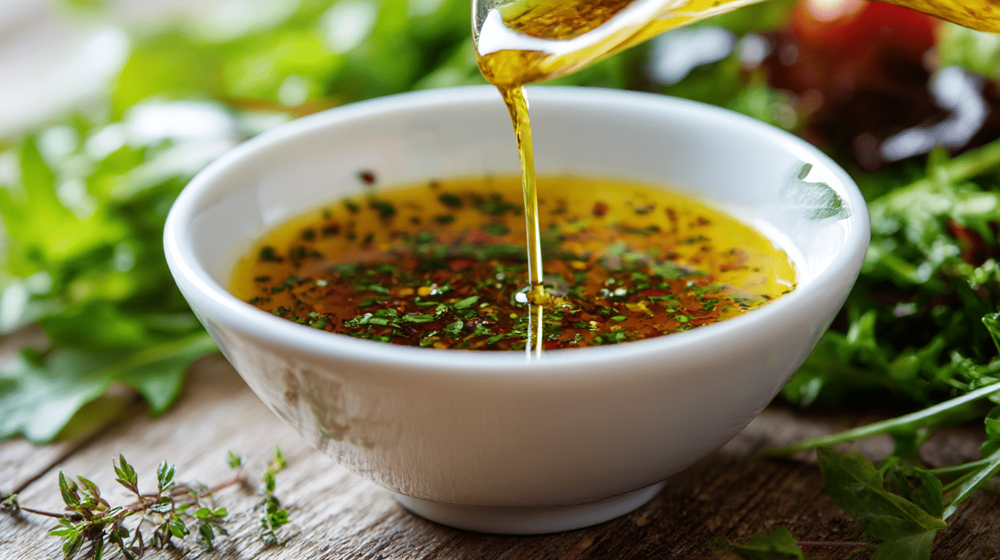 Authentische italienische Salatsauce in einer Schüssel mit frischen Kräutern