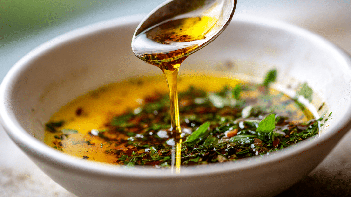 Nahaufnahme der italienischen Salatsauce mit leuchtenden Farben und Kräutern