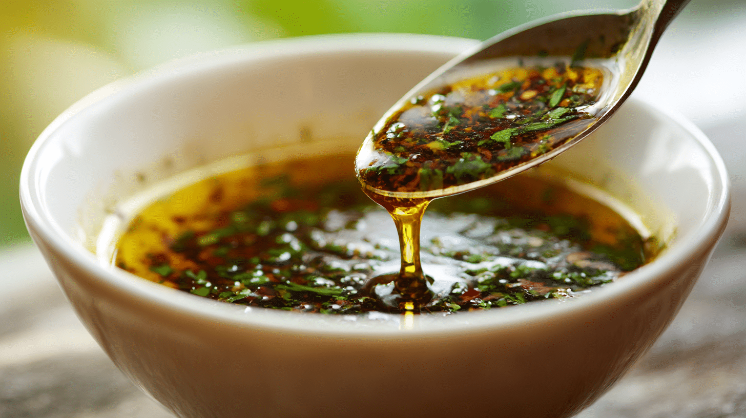Servierte italienische Salatsauce in einer dekorativen Schüssel neben frischem Gemüse