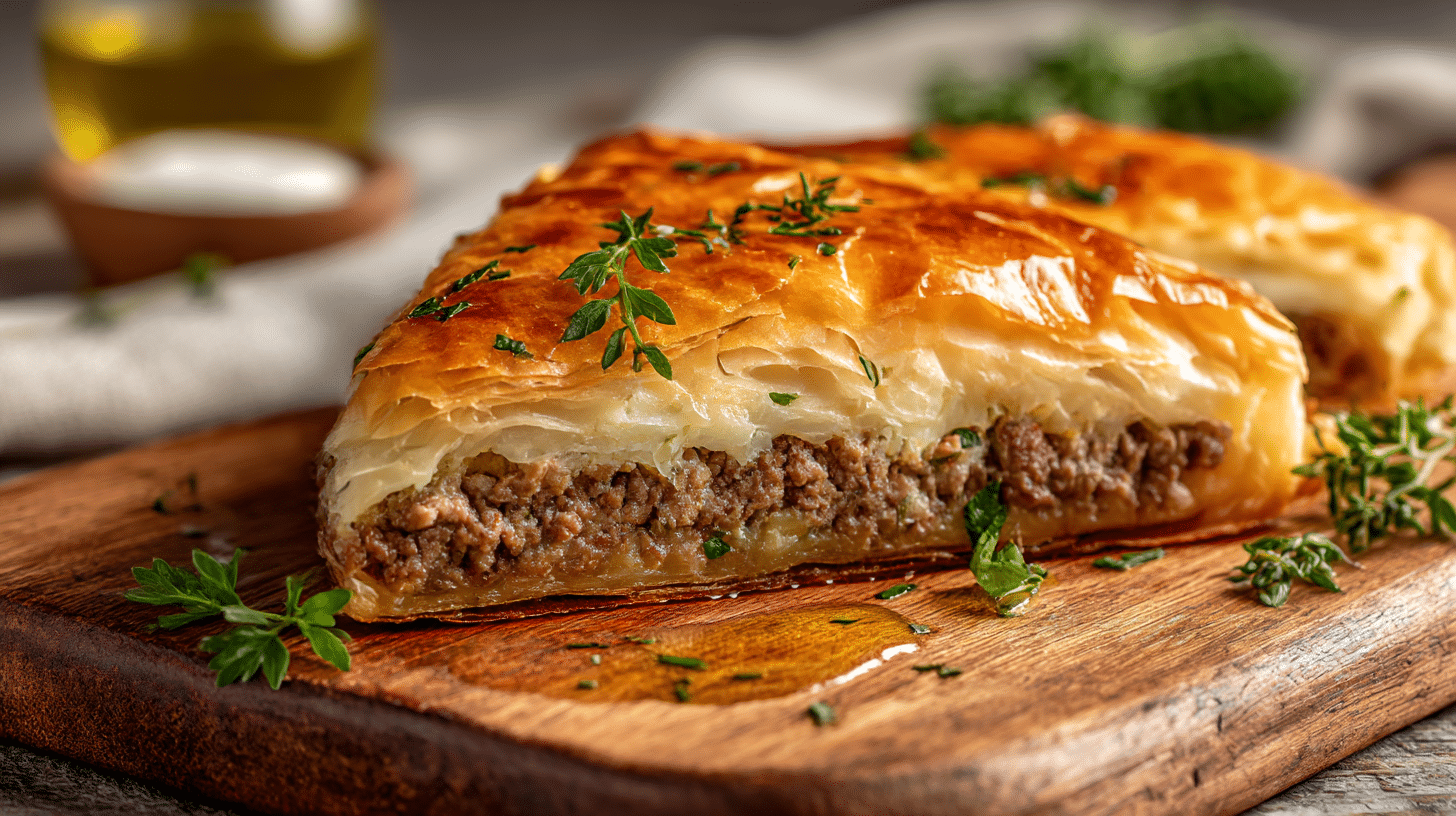 Anschnitt eines klassischen Börek mit Hackfleisch, die Füllung ist reichhaltig und aromatisch