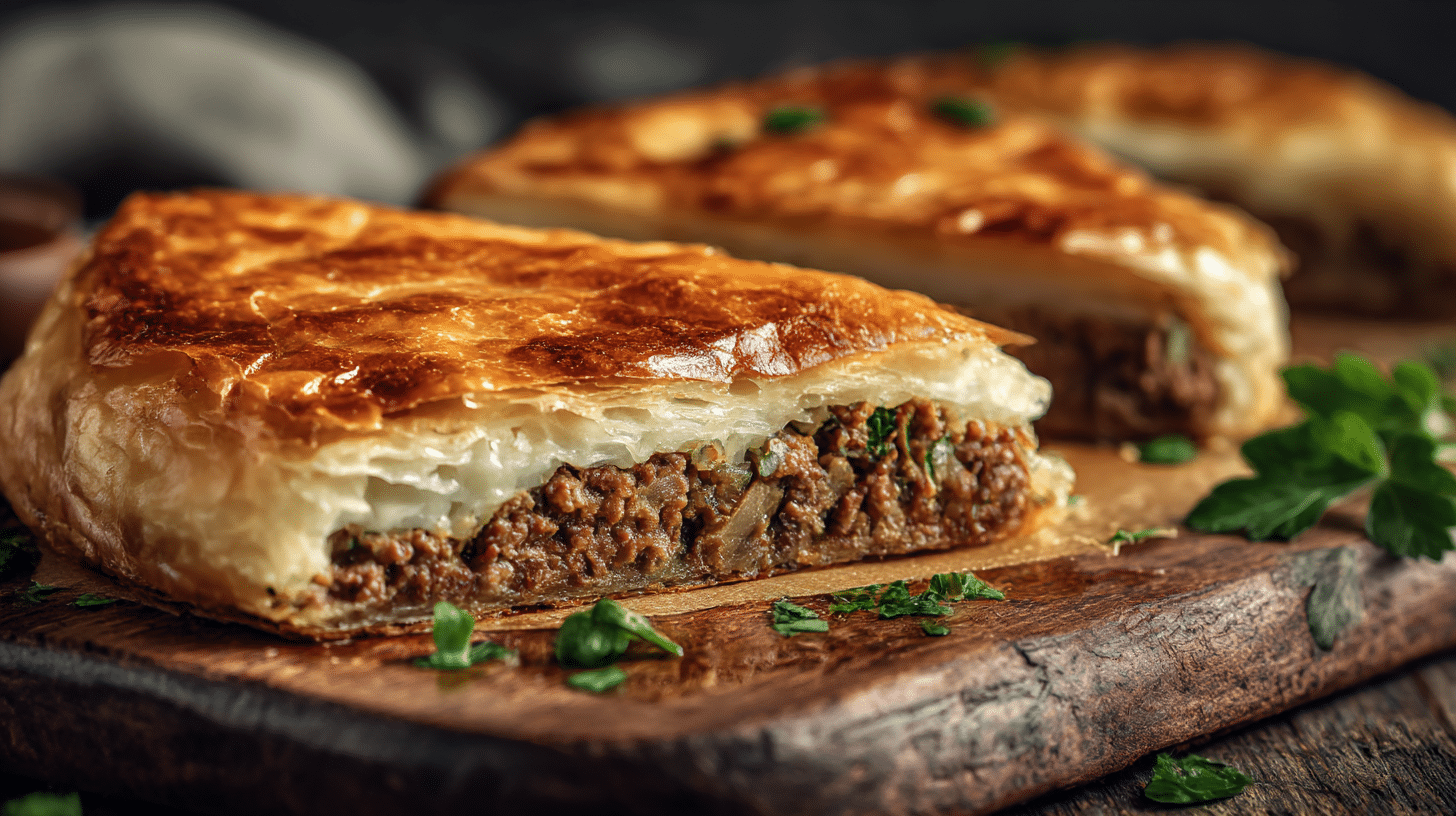 Traditioneller Börek mit Hackfleisch in voller Pracht auf einem rustikalen Holzbrett