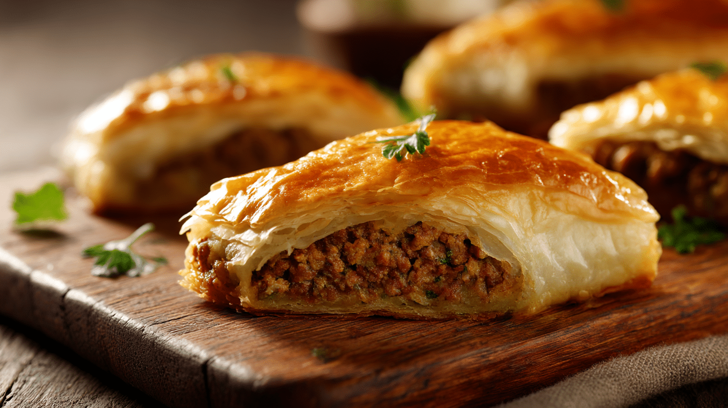Nahaufnahme des knusprigen Teigs von Börek mit Hackfleisch, perfekt gebacken