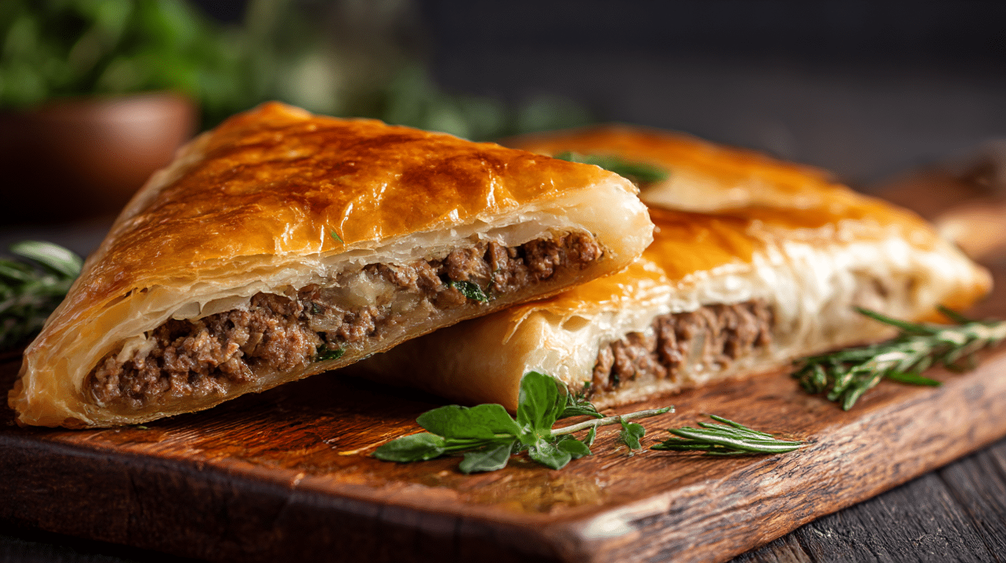 Servierte Portion Börek mit Hackfleisch, umgeben von frischen Kräutern und Joghurt