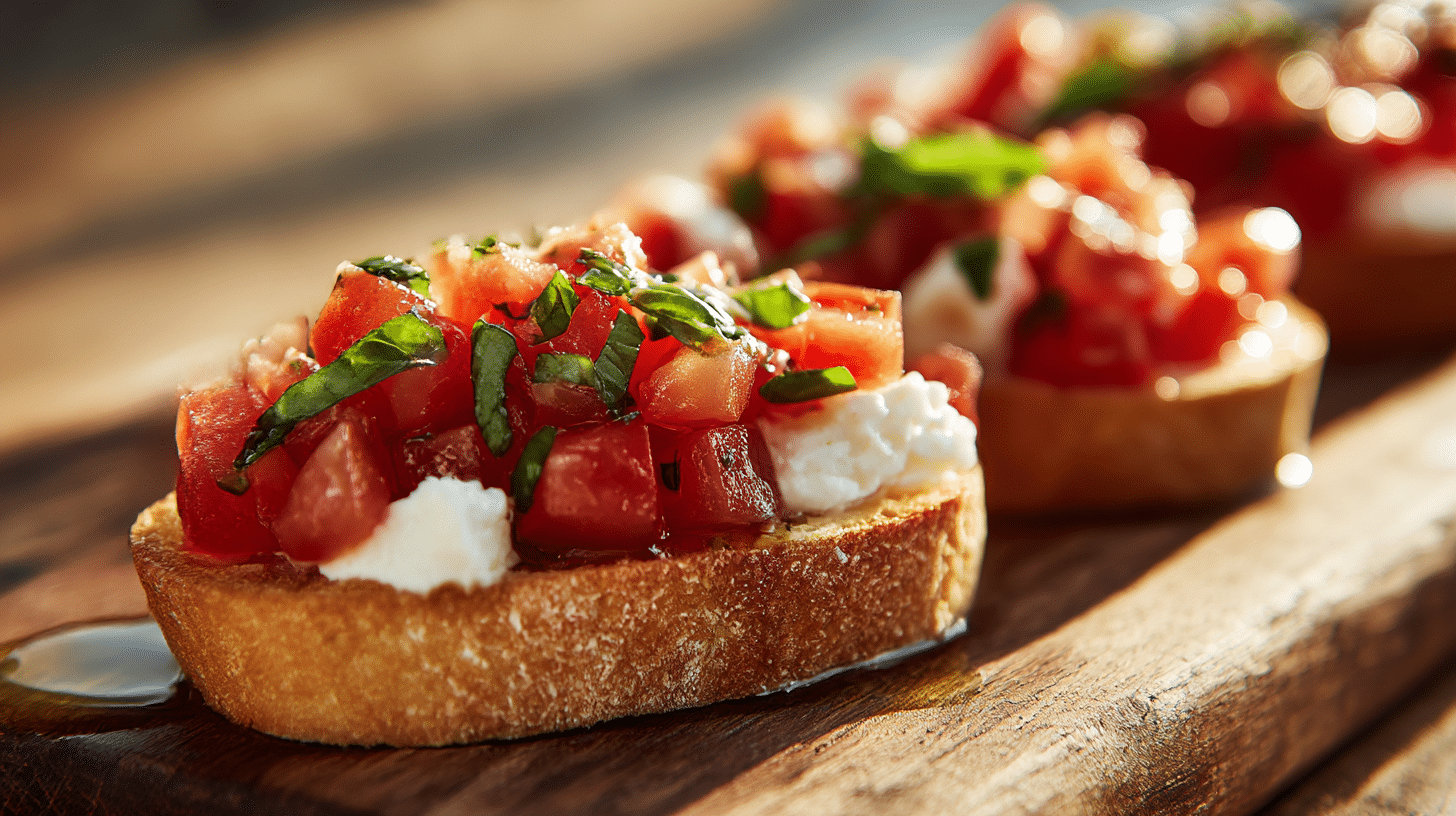 Anschnitt einer Bruschetta original italienisch mit mozzarella, gut sichtbar die Füllung
