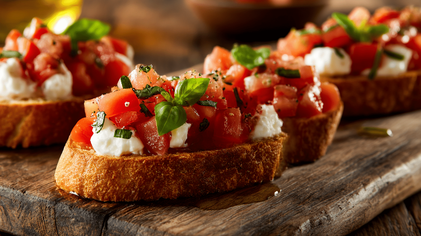 Bruschetta original italienisch mit mozzarella auf einem rustikalen Holzbrett