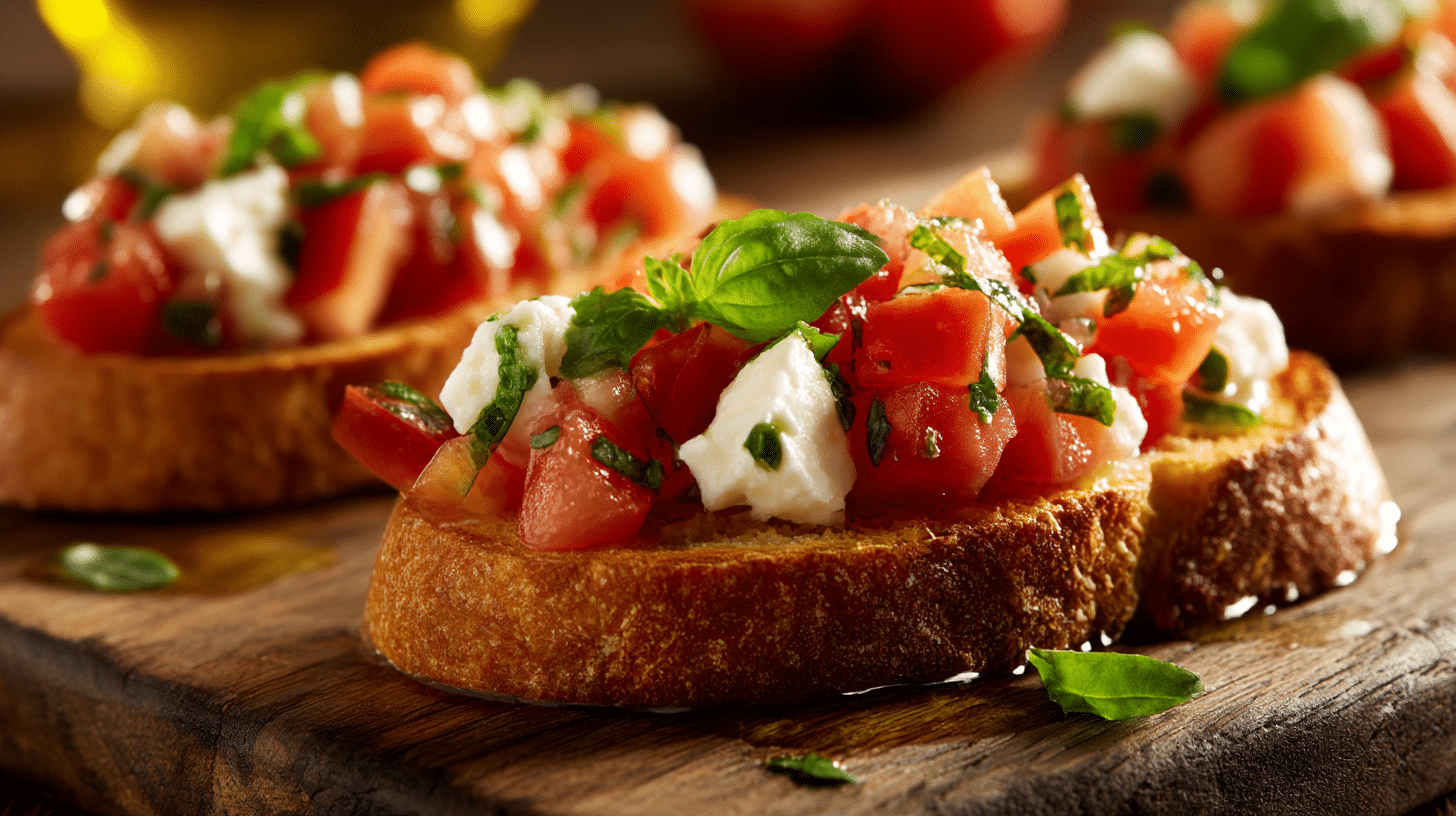 Nahaufnahme der Bruschetta original italienisch mit mozzarella und frischen Basilikumblättern