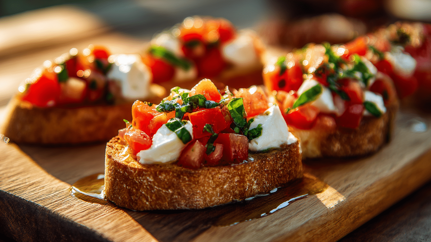 Servierte Bruschetta original italienisch mit mozzarella auf einem dekorativen Teller