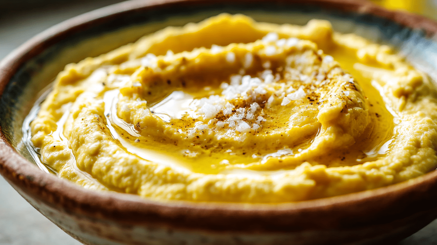 Nahaufnahme von Fava mit den typischen Kräutern der Originalrezeptur