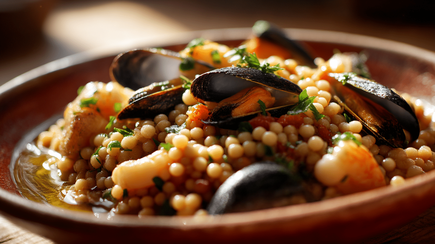 Anrichten der original Fregola Sarda mit Meeresfrüchten auf einem großen Teller