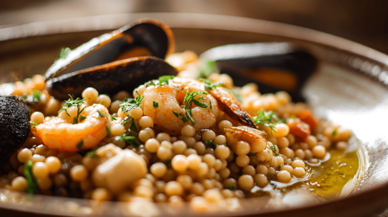 Original Fregola Sarda serviert in einer Schale mit frischen Kräutern