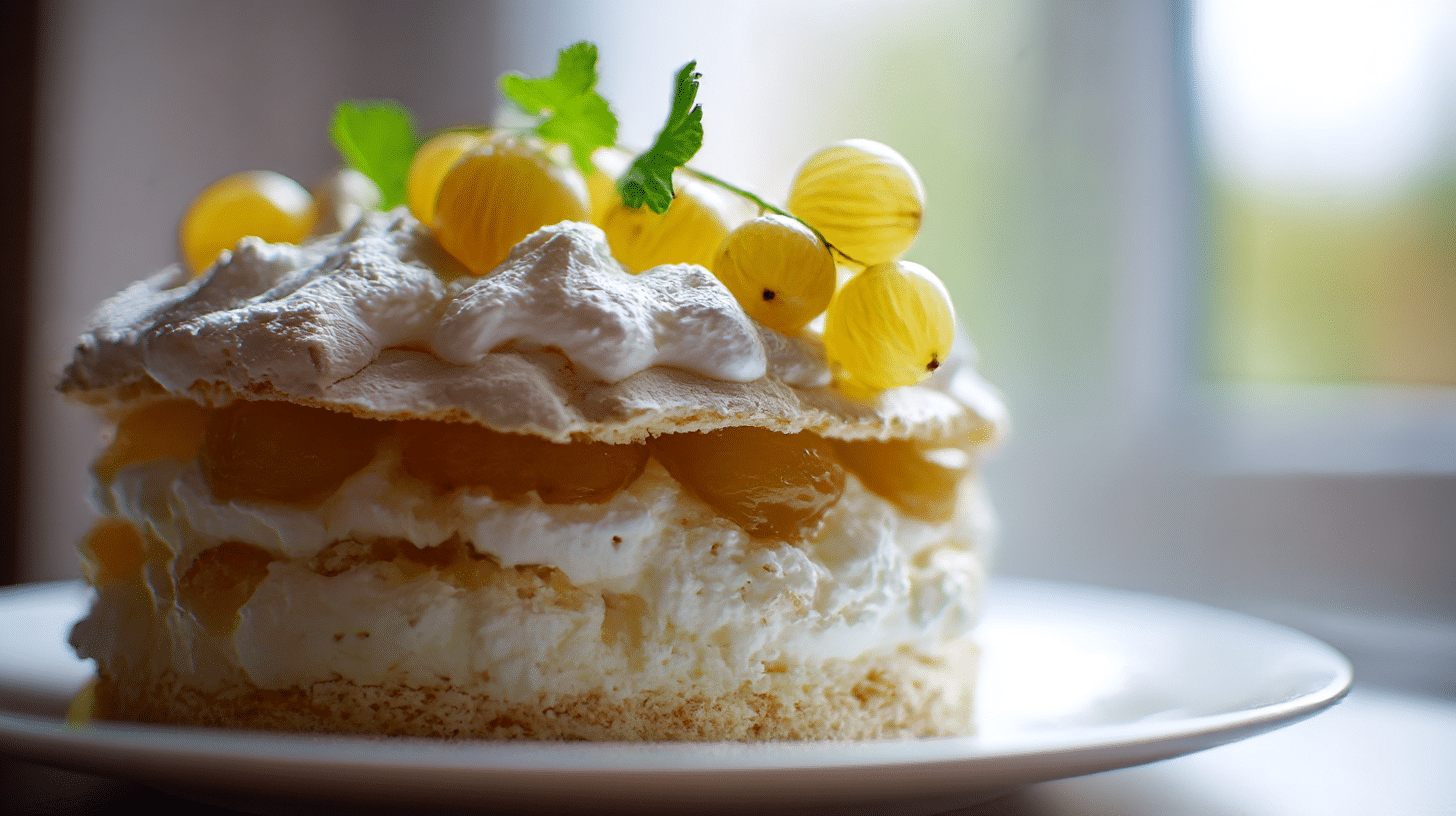 Nahaufnahme von Himmelstorte Original-Rezept mit Stachelbeeren und Sahne