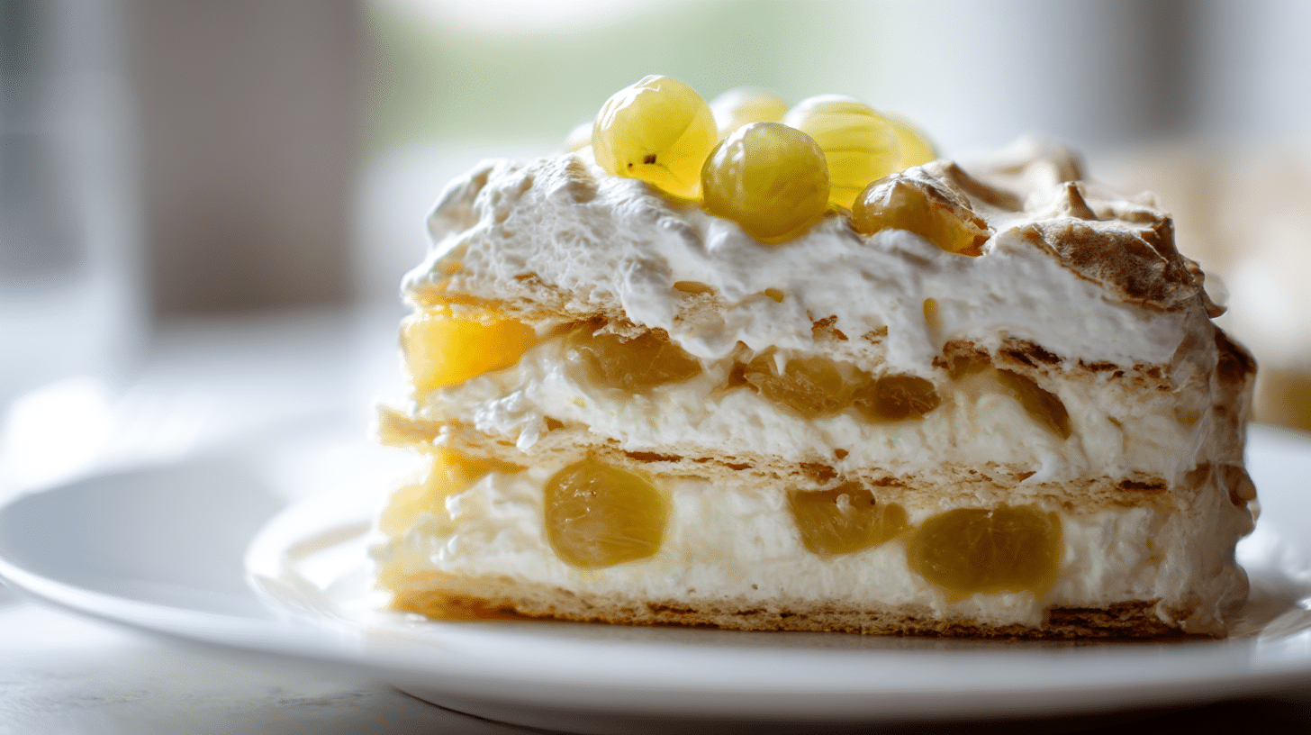 Himmelstorte Original-Rezept mit Stachelbeeren, kunstvoll auf einem Tisch angerichtet