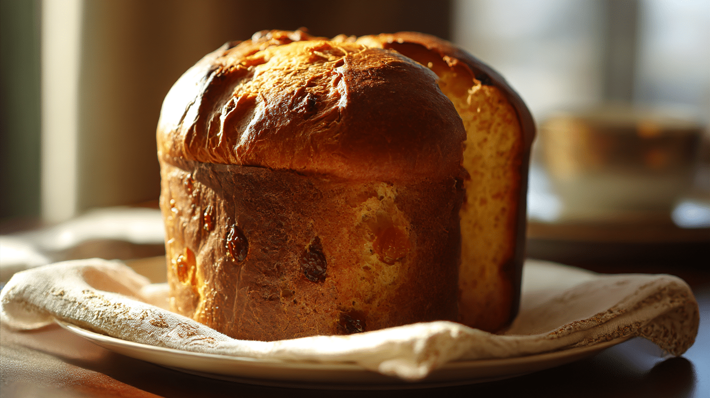 Angeschnittener italienischer Panettone mit fruchtiger Füllung und weichem Teig