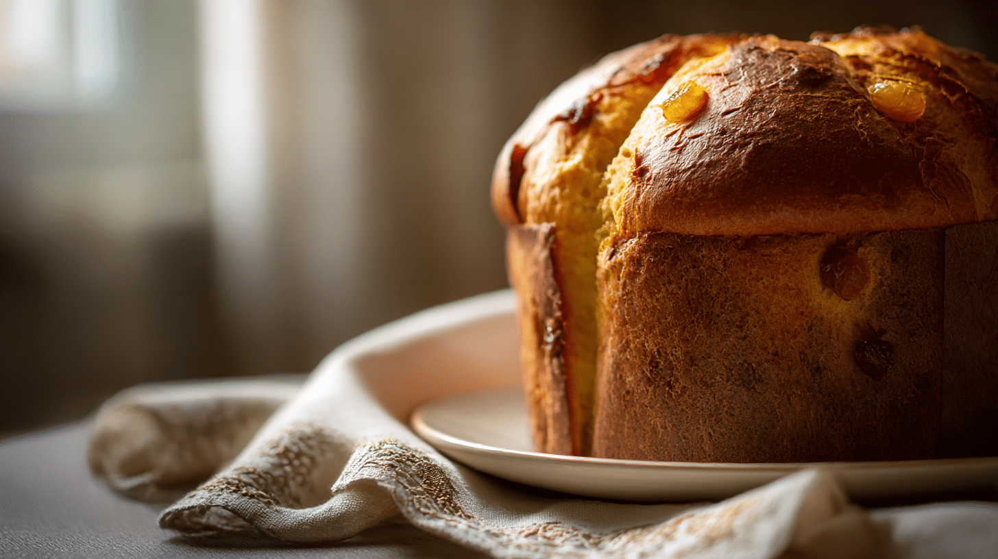 Italienische Panettone dekoriert mit Puderzucker und getrockneten Früchten