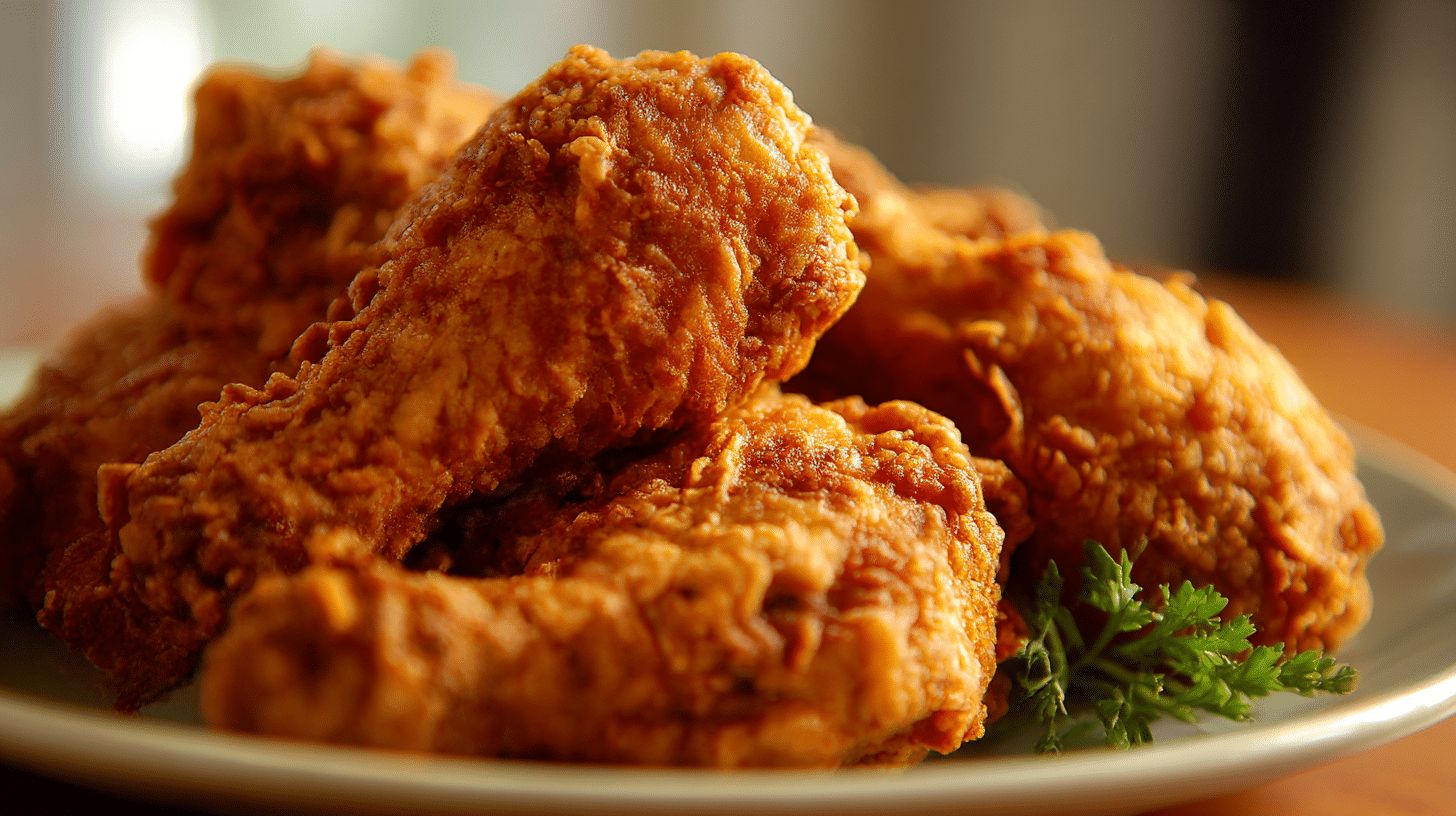 Anschnitt des knusprigen Hühnchens im original KFC Rezept, saftiges Innere sichtbar
