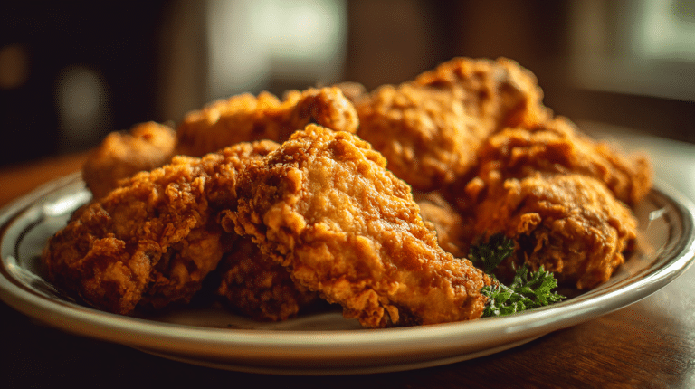 Original KFC Rezept mit knusprigem Hühnchen auf einem bunten Teller