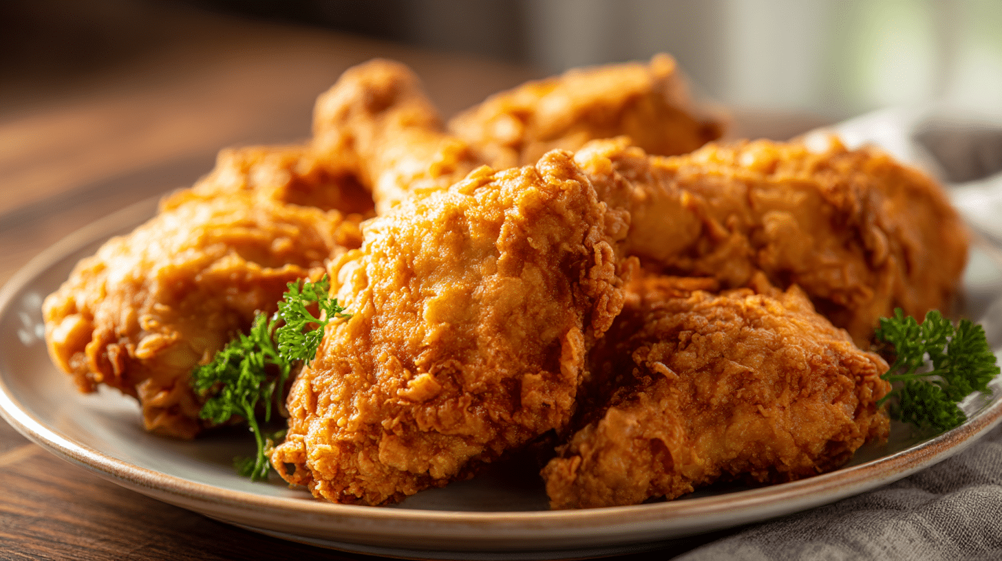 Nahaufnahme des knusprigen Hühnchenteils vom KFC Rezept, frisch zubereitet